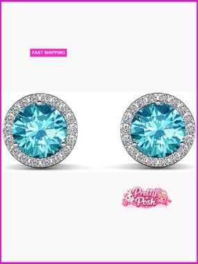 18k Gold-Plated Birthstone Stud Earrings, Round Cut Halo Crystal Earrings,